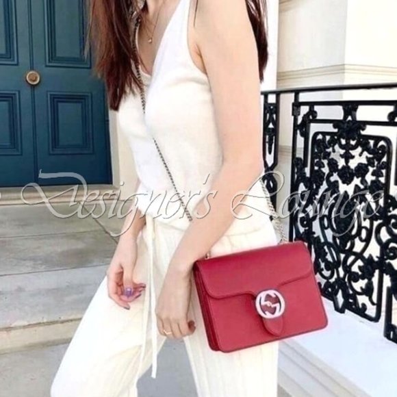 SOLD! NEW GUCCI Interlocking GG Red Leather Crossbody Chain Bag $1,980 Authentic - Picture 11 of 12